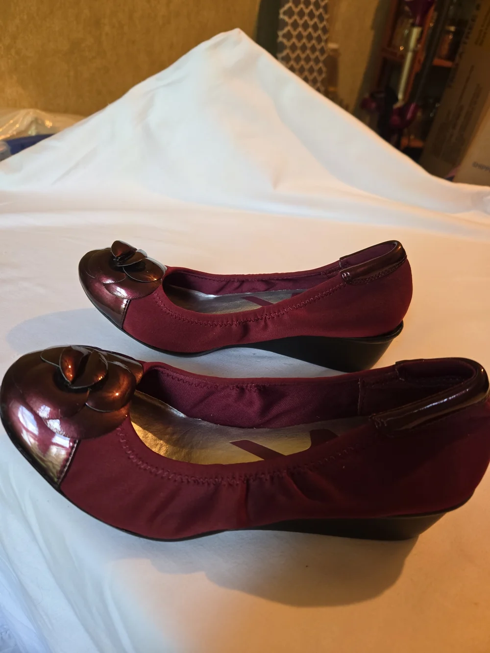 Anne Klein Burgundy Wedge Ballet Flats with Glossy Floral Toe